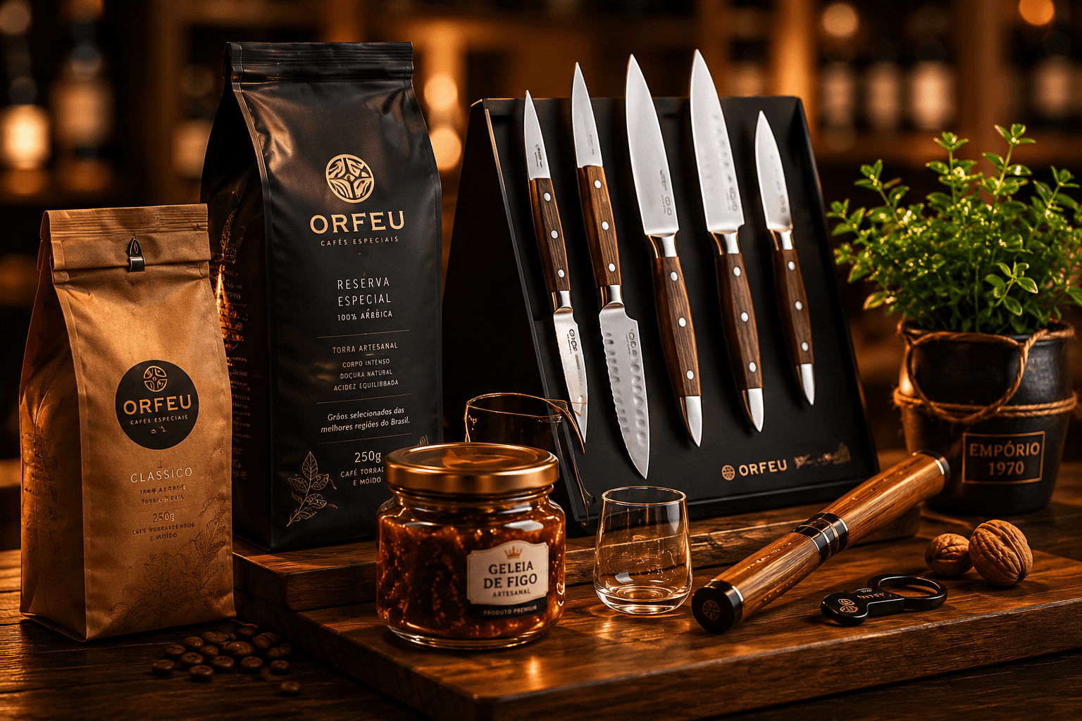 Sacos de café Orfeu, kit de facas artesanais, geleia de figo e planta sobre balcão de madeira