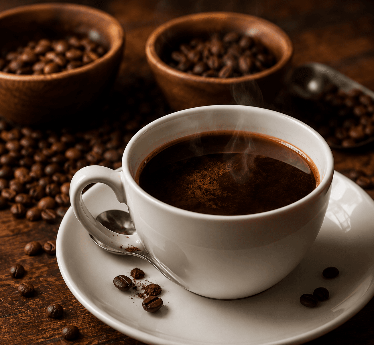 Xícara de café especial fumegante ao lado de grãos torrados