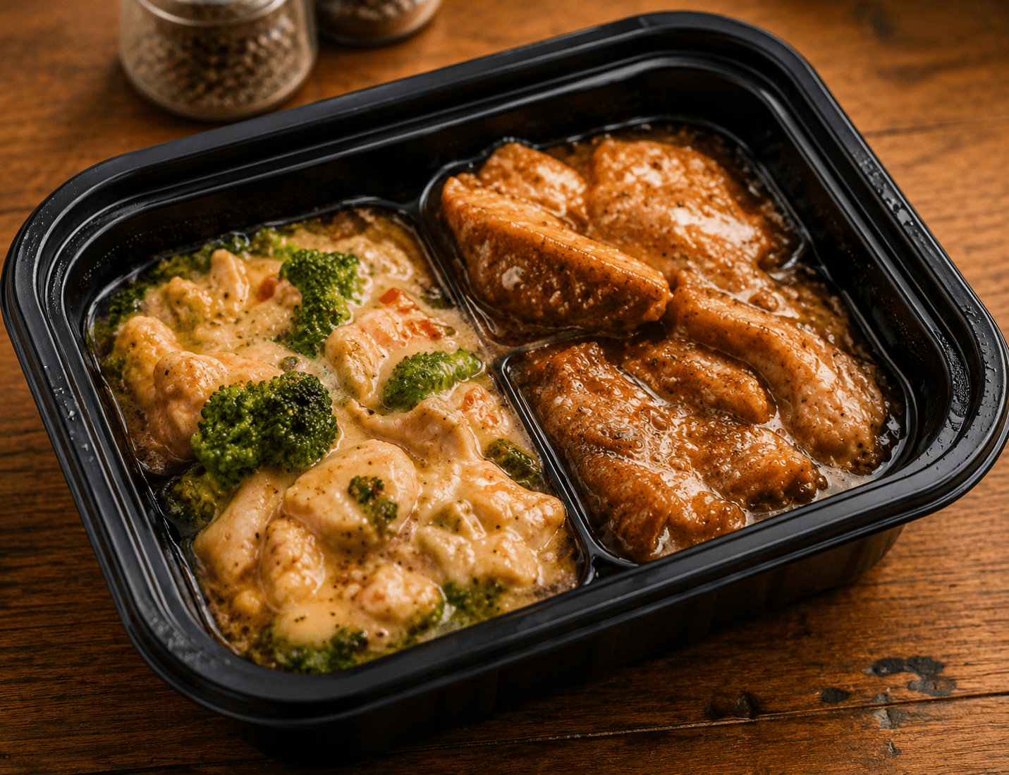 Marmita com frango e legumes prontos para consumo