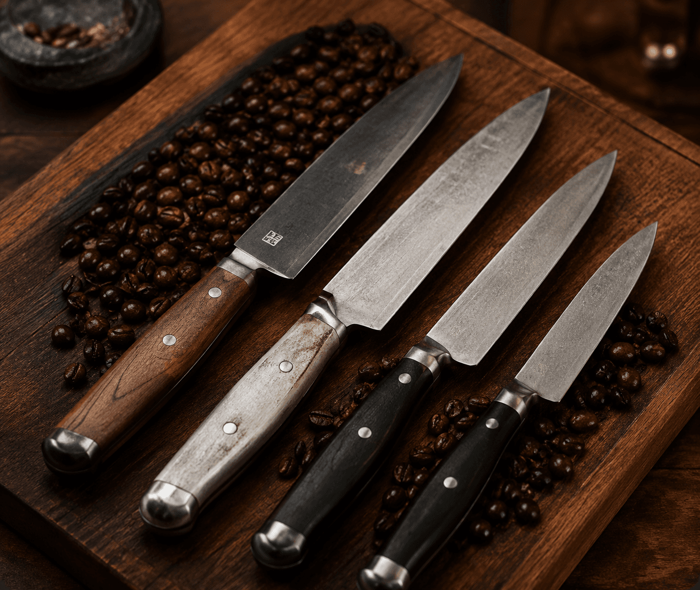 Conjunto de facas artesanais sobre tábua de madeira com grãos de café