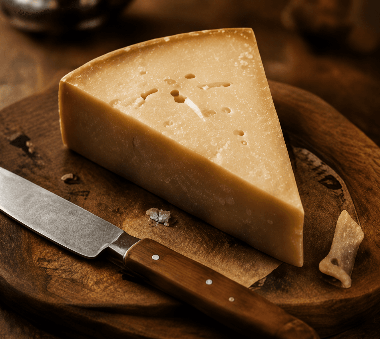 Cunha de queijo maturado sobre tábua de madeira
