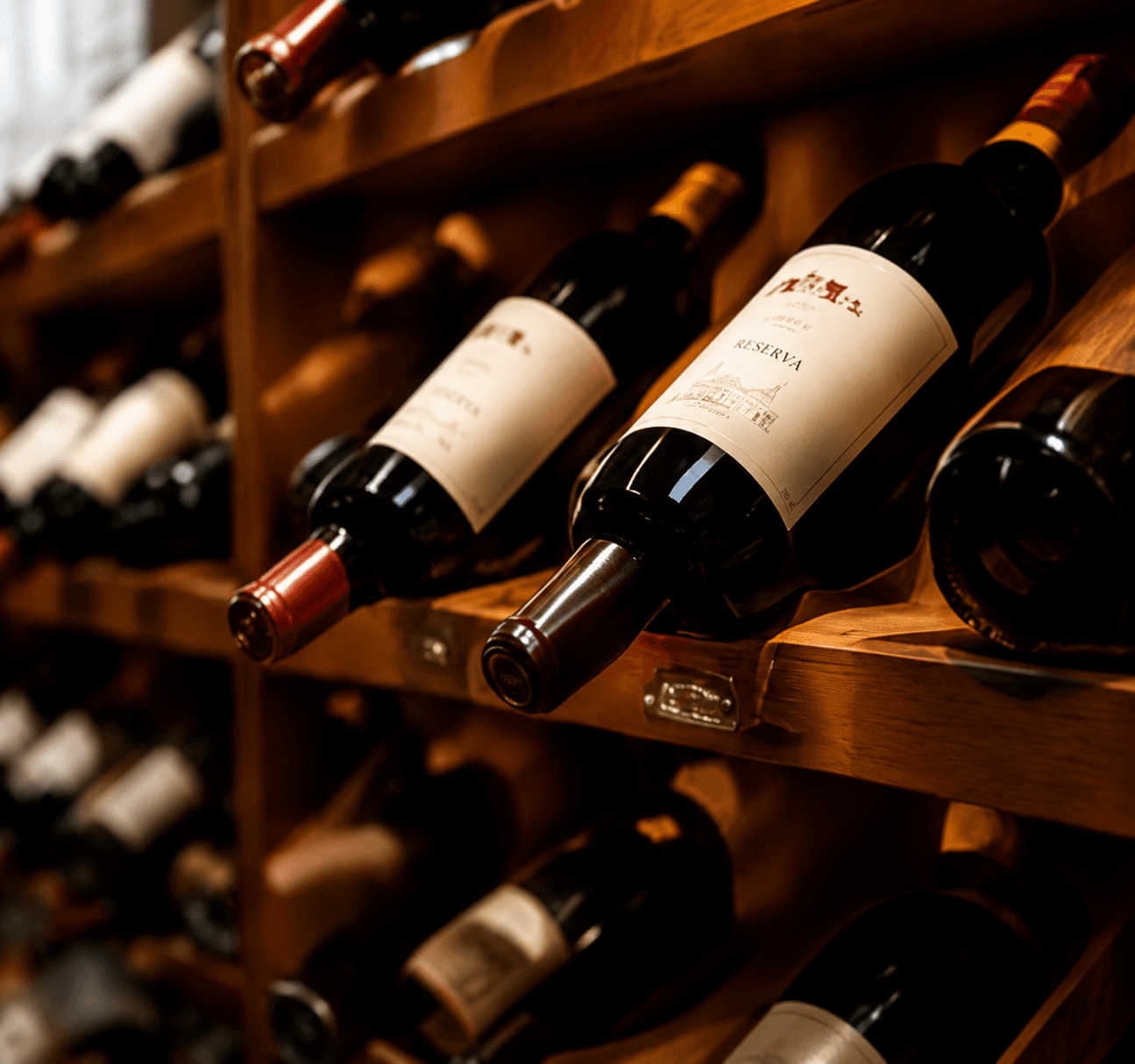 Garrafas de vinho reserva em prateleira de madeira