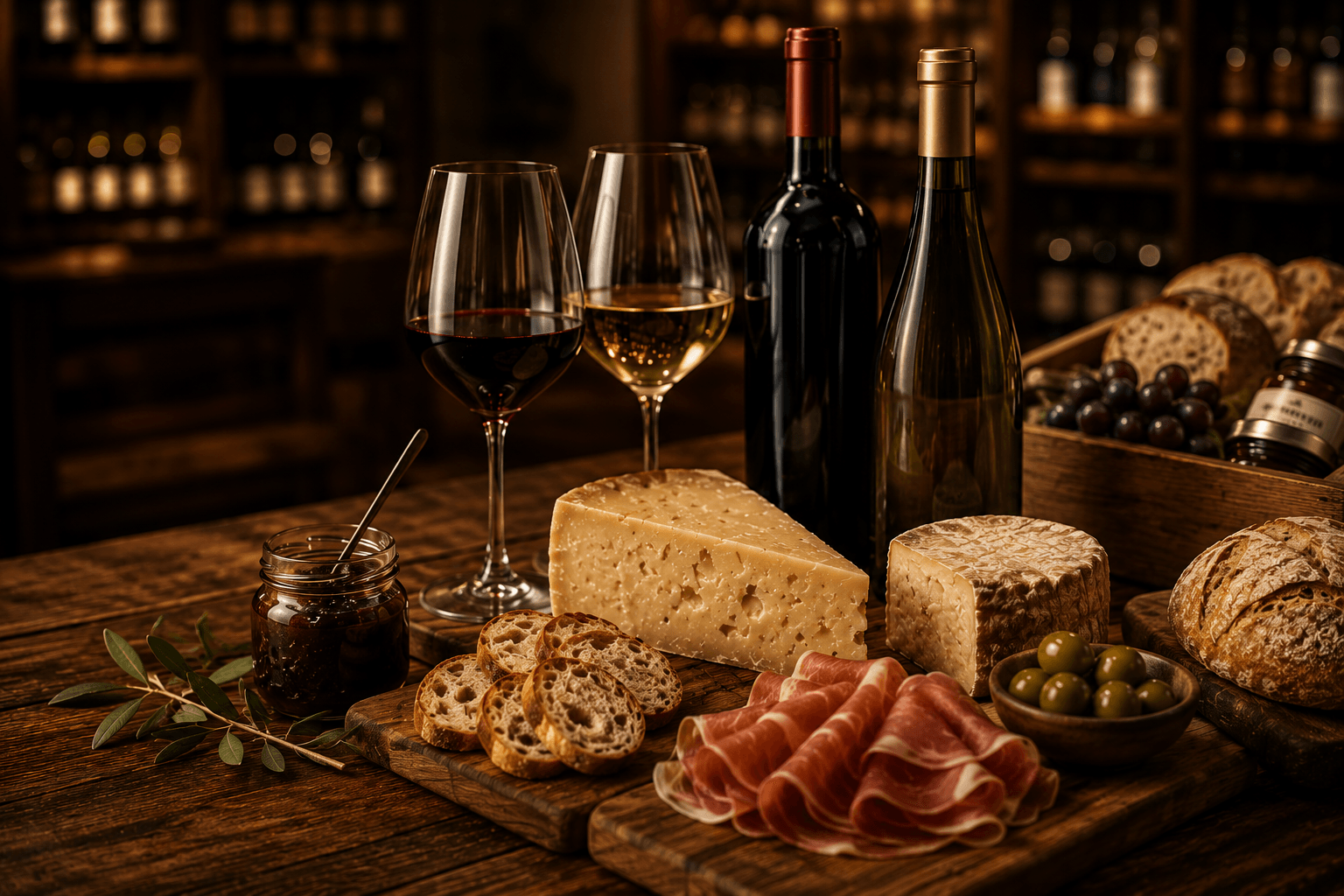 Taças de vinho tinto e branco com queijos, presunto, pão e uvas sobre mesa de madeira em adega