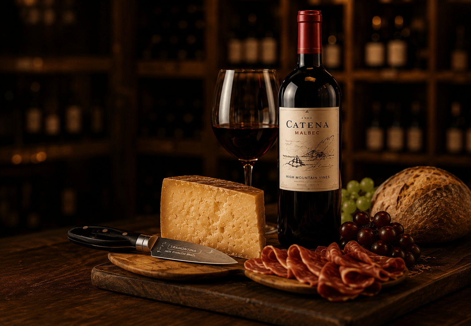 Garrafa de vinho, taça, queijo, salame, uvas e pão sobre tábua de madeira com adega desfocada ao fundo