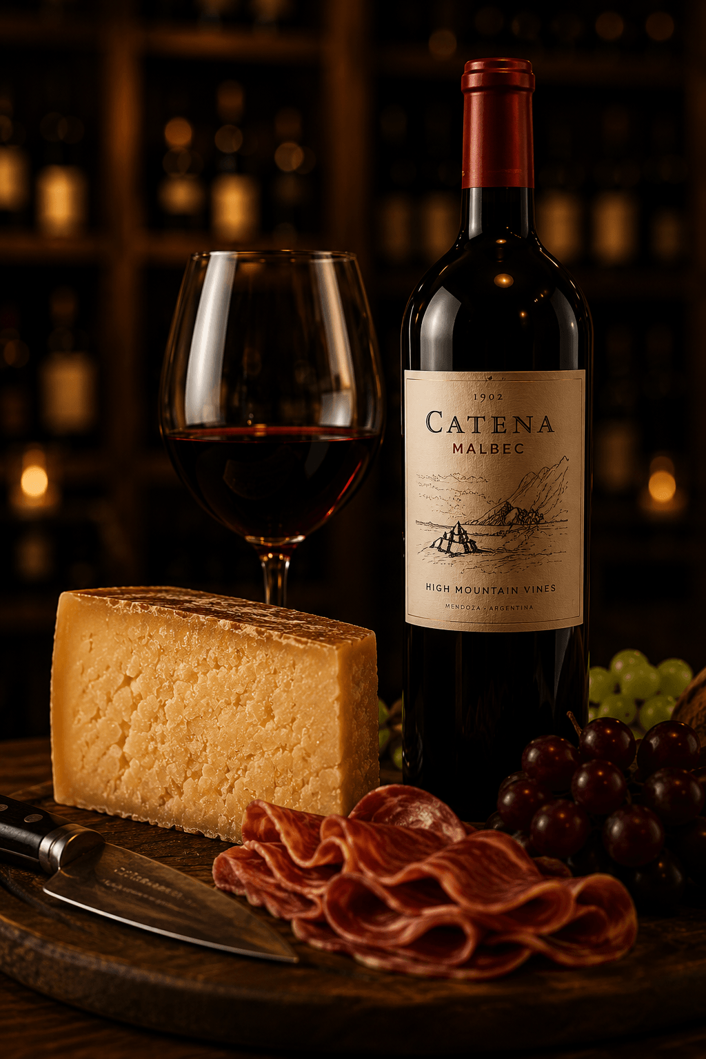 Garrafa de vinho, taça e queijo sobre tábua de madeira, recorte vertical, com adega desfocada ao fundo