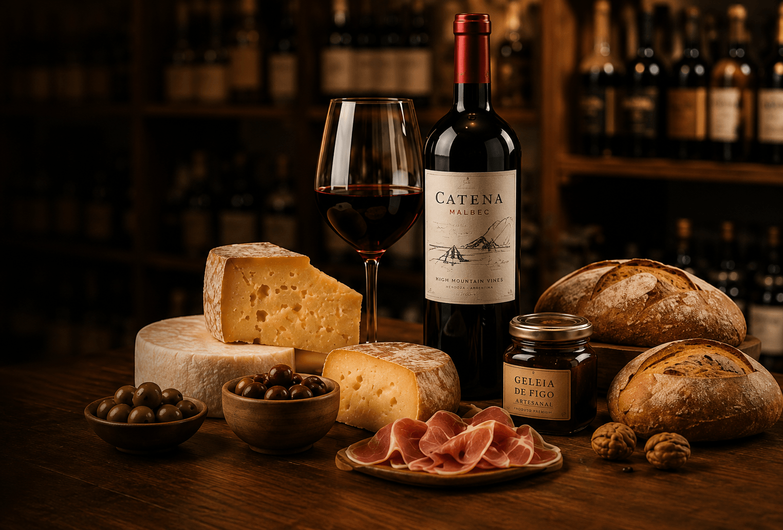 Vinho Catena Malbec, queijos, presunto, azeitonas, geleia de figo e pão sobre mesa de madeira em adega