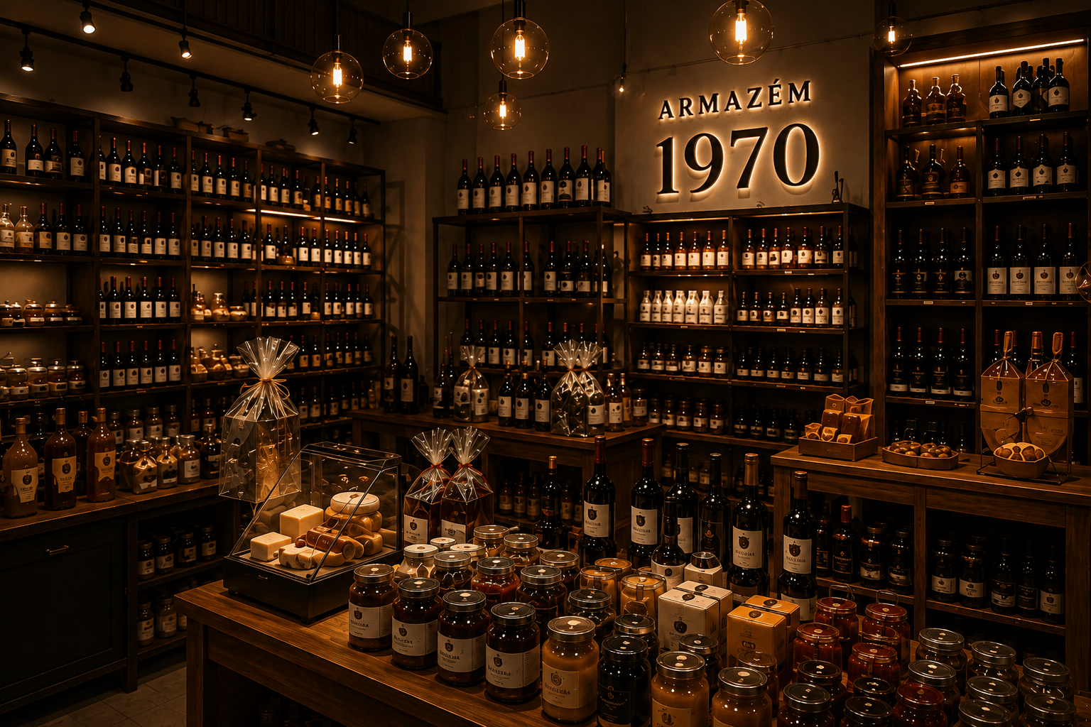 Interior do Armazém 1970 com prateleiras de vinho, produtos artesanais e letreiro luminoso da marca