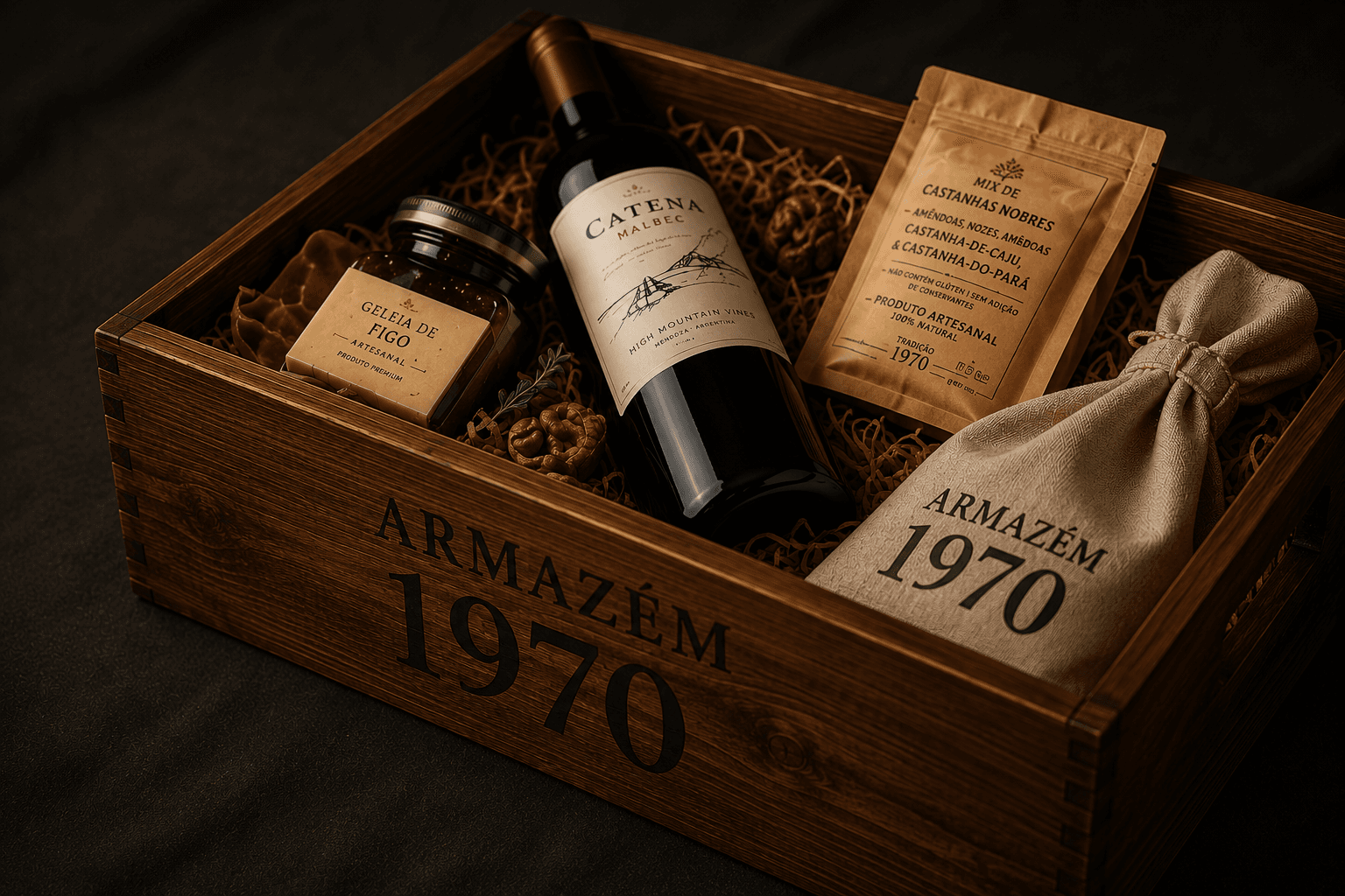 Caixa de madeira do Armazém 1970 aberta com vinho Catena Malbec, geleia de figo, castanhas e saquinho de linho