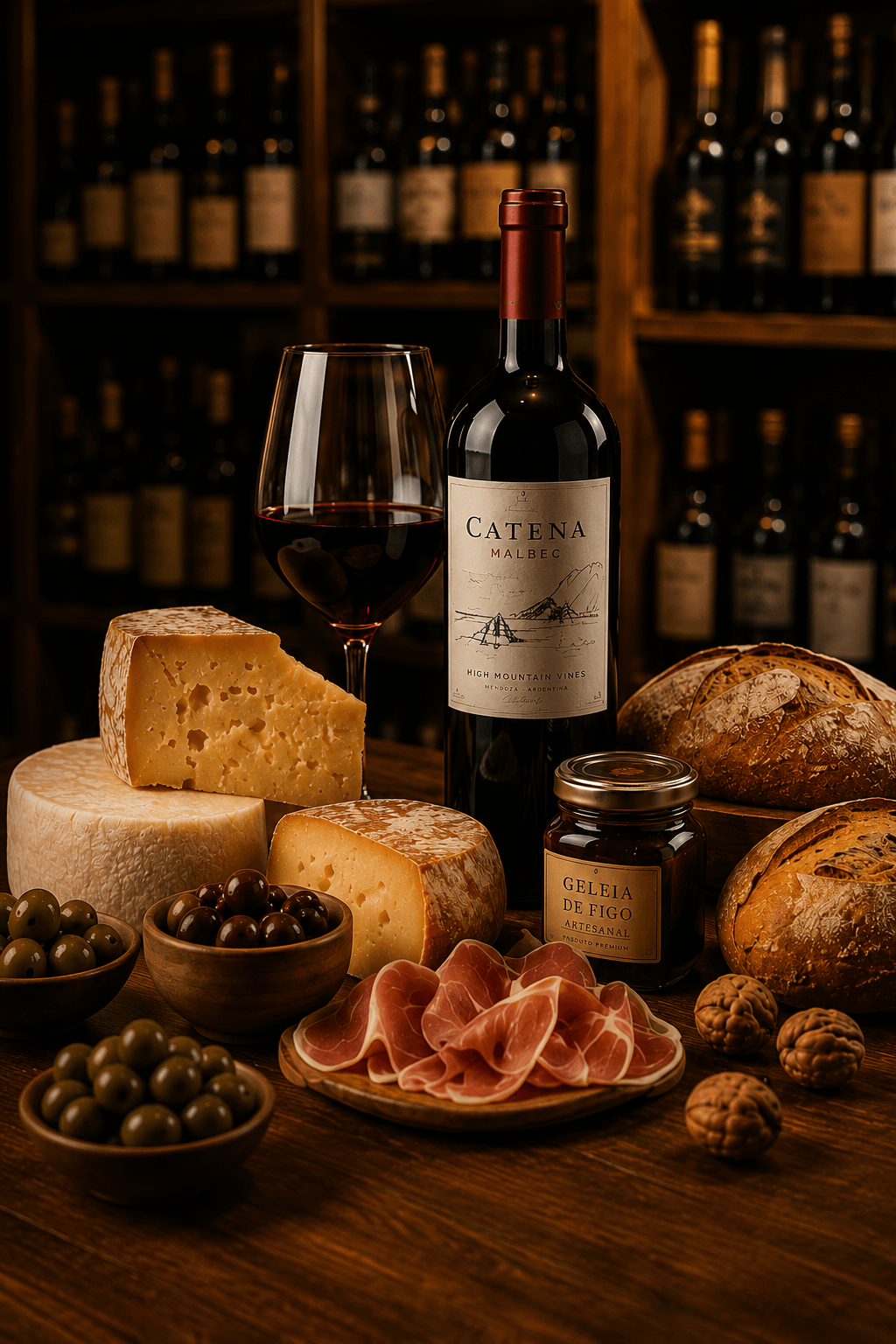 Vinho Catena Malbec, queijos, presunto e pão sobre mesa de madeira, recorte vertical, com adega desfocada ao fundo