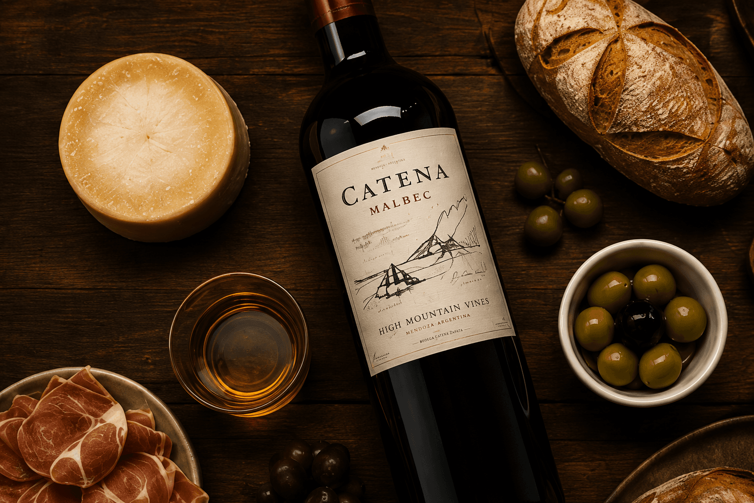 Vinho Catena Malbec, queijo, presunto, azeitonas e pão sobre mesa de madeira